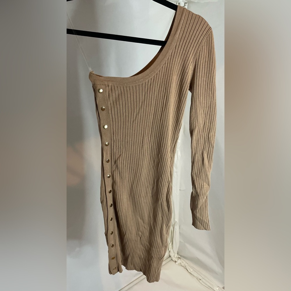 Ribbed Tan with One Long Sleeve dress with gold Button Detail